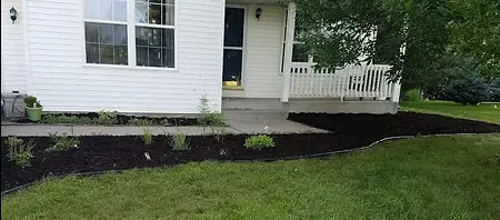 picture showing black mulch spread on white house